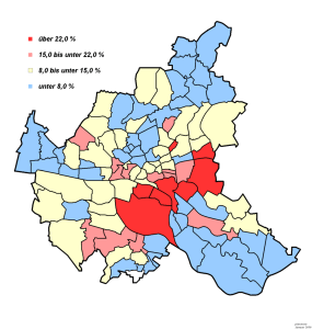 Dulsberg - the tiny red zone in the middle of the map, surrounded but affluent yellow.