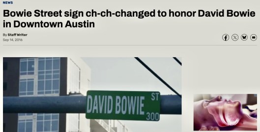 A green street sign reading 'DAVID BOWIE ST' with the number 300, located in Downtown Austin.