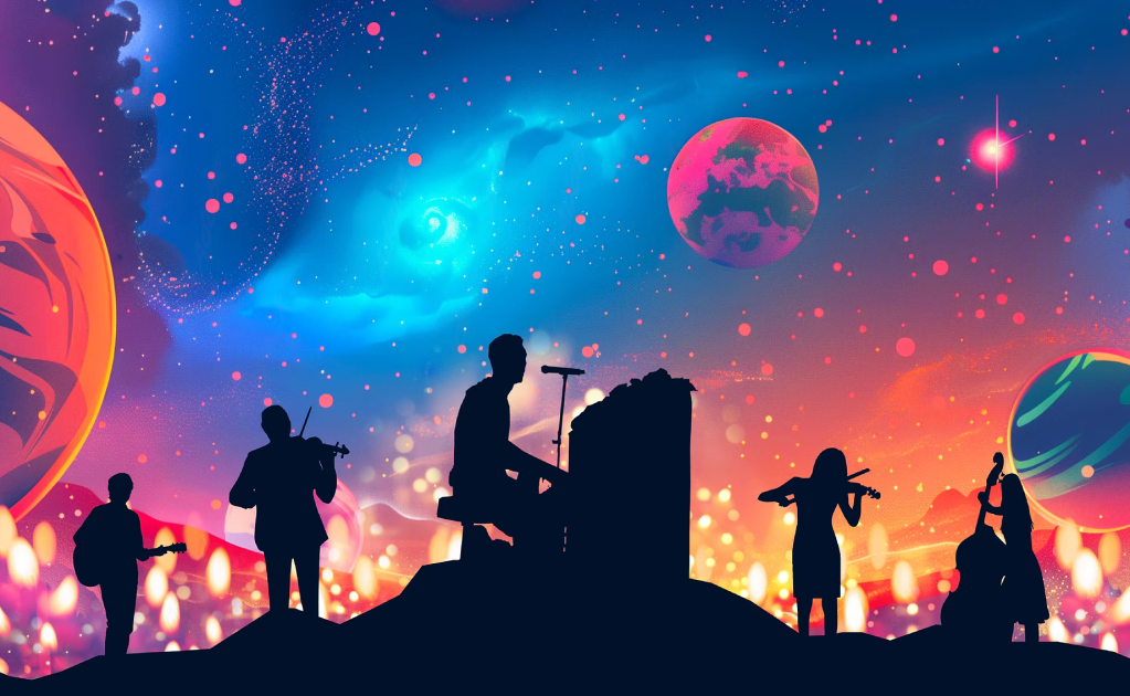 Silhouettes of musicians performing against a vibrant, cosmic background featuring colorful planets and swirling galaxies.